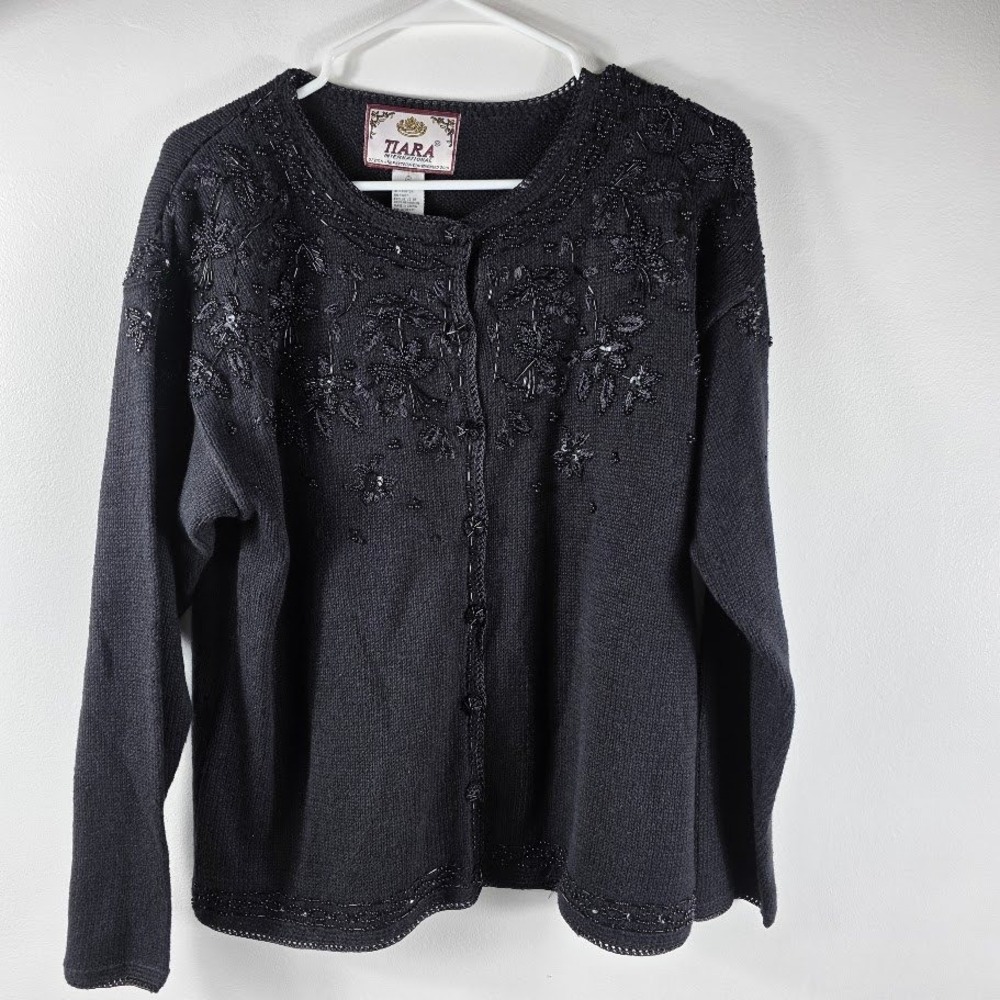 VintageTiara International Black Beaded Cardigan Sweater Medium Ramie‎ Cotton